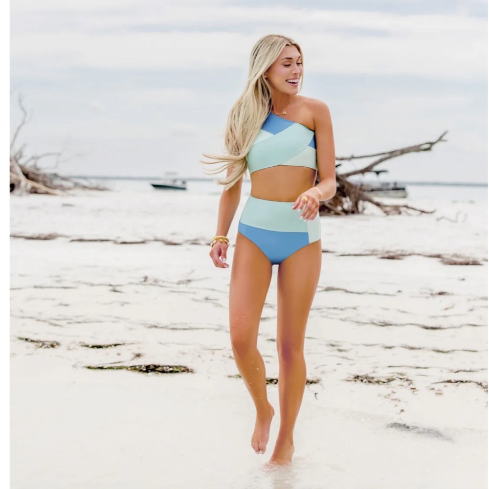 Hermoza Jenny Reimold high waist bikini one shoulder colorblock blue green NEW
